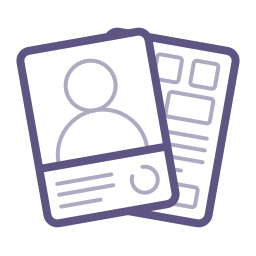 Icon: The front and back of a persona card, with a picture and brief text block on the front and small boxes and text on the back.