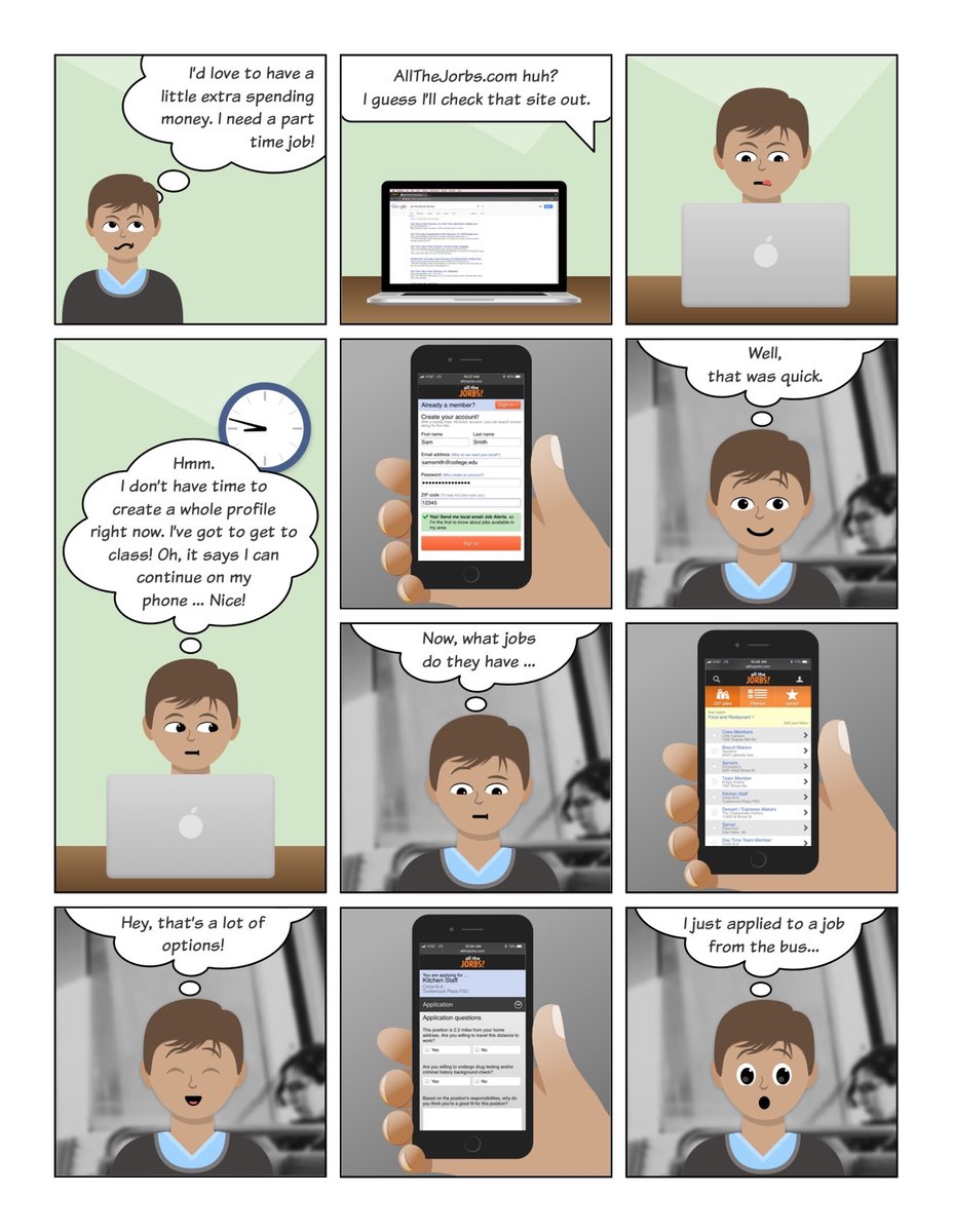 A longer scenario comic with 11 panels. A young man considers getting a part-time job, looks for places online to search for a job, and applies for a job from his phone while riding a bus.